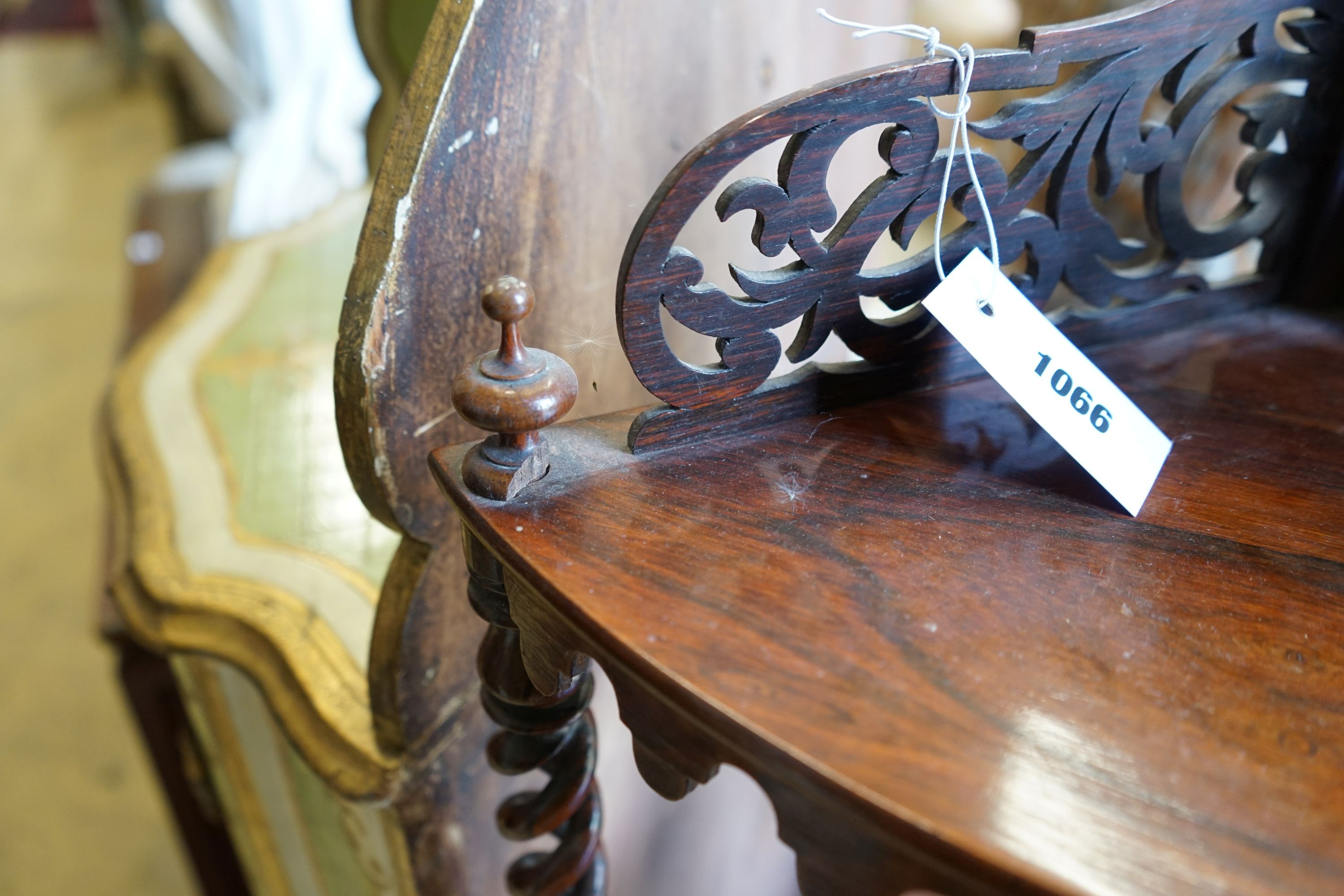 A Victorian rosewood bow front four tier corner whatnot, width 58cm, depth 36cm, height 122cm